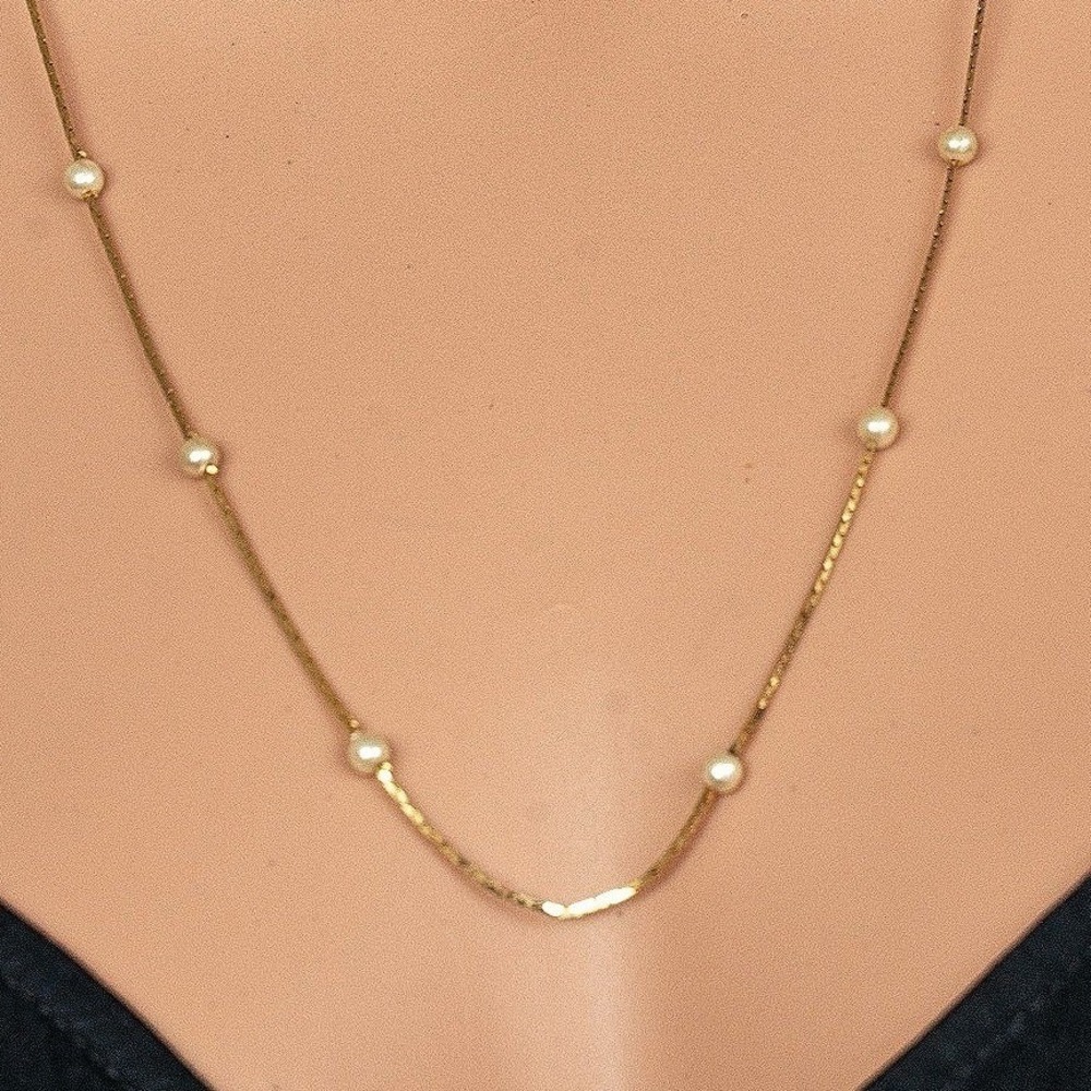 Gold‎ Tone Faux Pearl Station Necklace Long Dainty Serpentine Chain Minimalist